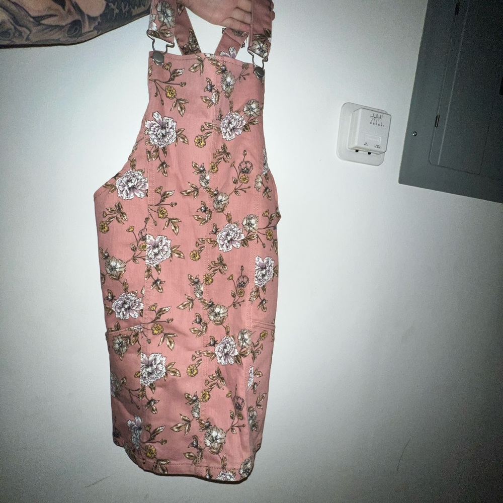 Pink floral overall jean dress